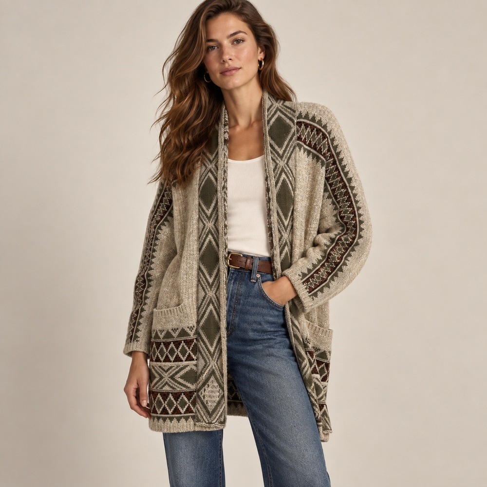Lucky Brand Cardigan Women Large Green Southwestern Geometric Knit Boho Rodeo
